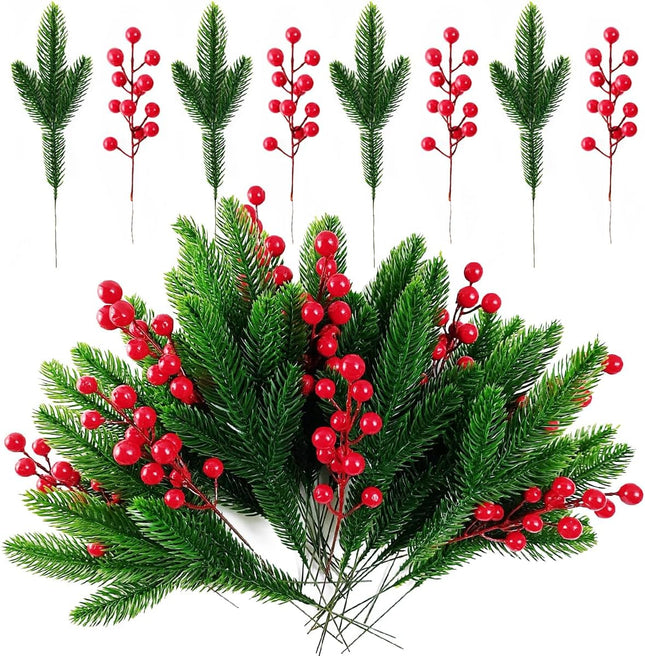 32PCS Artificial Pine Branches Christmas Holly Berries Artificial Red Berry Stems for Christmas Wreath Decorations Xmas Tree Decoration