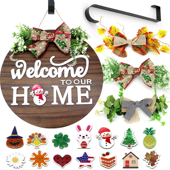 Front Door Decoration Rustic Round Wood Christmas Wreath with 12’‘ Door Hanger,14pcs Interchangeable Seasonal Welcome Sign, Outdoor Wall Hanging, Spring, Summer, Fall and All Seasons Holidays