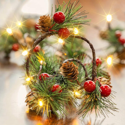 Dazzle Bright 2 Pack Pine Cone Christmas String Lights, Total 13FT 40LED Battery Operated Christmas Garland with Red Berry Pine Cone Fairy String Lights for Indoor Outdoor Xmas Decorations