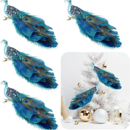 4 Pcs Peacock Christmas Tree Ornaments Long Tail Feather Peacock Christmas Decorations Glitter Peacock Bird Clip On Ornament for Xmas Tree Decor (Classic Style)
