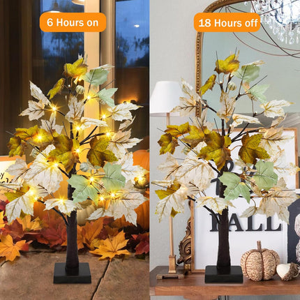 Uieke 2 Packs 24inch Artificial Lighted Fall Maple Tree 48 LED Fall Decor Table Lights with 6 White Pumpkins Battery Operated Timer, Fall Decorations or Home Thanksgiving Autumn Harvest (Green White)