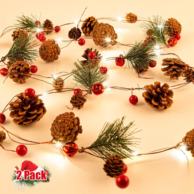 2 Pack Christmas Garland, 6.56 Ft LED String Light with Pine Cones, Red Berries, Bells for Xmas Decor Mantle Fireplace Christmas Holiday Party Thanksgiving Decoration, 20 LED Lights, Battery Operated