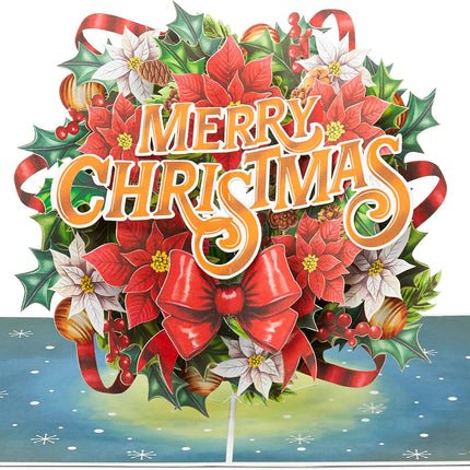 Christmas Wreath Pop Up Card, Merry Christmas, Poinsettia, Flowers, Bow, Bell, Elegant 3D Greeting Card, Ideal for Mom, Sister, Grandma, Women, Wife, Girlfriend, 5x7