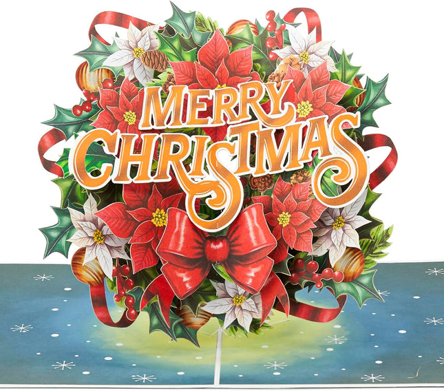 Christmas Wreath Pop Up Card, Merry Christmas, Poinsettia, Flowers, Bow, Bell, Elegant 3D Greeting Card, Ideal for Mom, Sister, Grandma, Women, Wife, Girlfriend, 5x7
