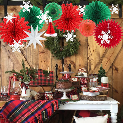 Christmas Party Decorations Red and Green Hanging Paper Fans Glitter Silver Snowflake Ornaments Nine-pointed Paper Star Lantern for Winter Christmas Birthday Wedding Year Party Decoration