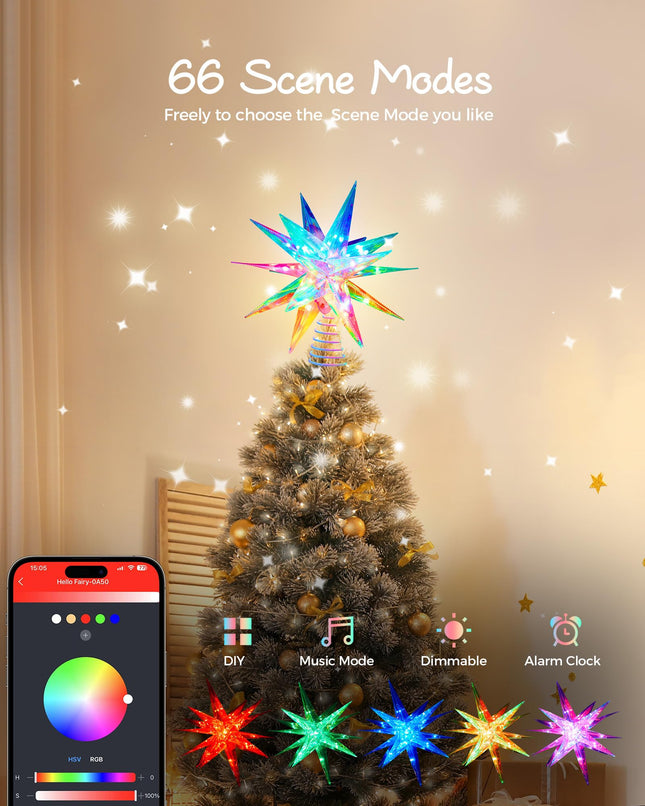 Ariceleo RGB LED Christmas Tree Topper Star - APP-Controlled, USB Powered, Decorative 10.6" Christmas Star with Timer, Perfect for Small Ornaments and Indoor Xmas Parties - Multi-Color Lighting