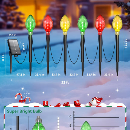12 Pack Jumbo C9 Christmas Lights Outdoor, 44 Ft Extra Long String Lights Christmas Decorations Outdoor, 60 LED Solar Christmas Lights 2 Charging Ways Waterproof Outdoor Decoration for Pathway Yard