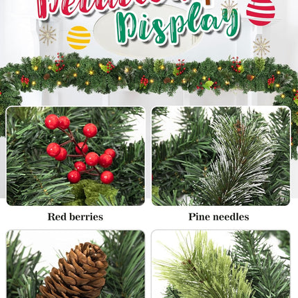 9 FT Christmas Garland with Lights, Battery Operated Garland with 50 LED Lights, Christmas Decoration for Home Stairs Fireplace Front Porch Door Display Indoor Outdoor