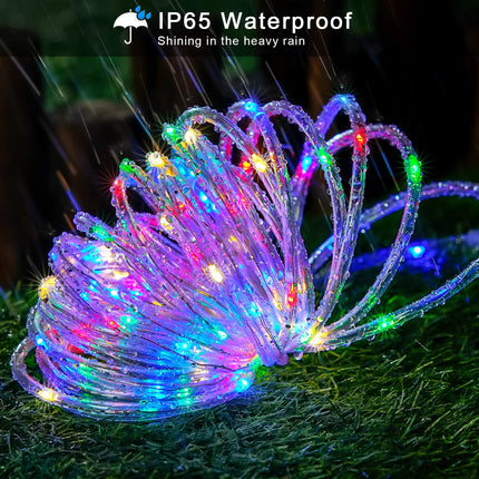 JMEXSUSS Solar Christmas Rope Lights, 2 Pack 100 LED IP 65 Solar Rope Lights Outdoor Waterproof, 33ft 8 Modes PVC Tube Solar Christmas Lights for Christmas Xmas Fence Walkway Path (Multicolor)