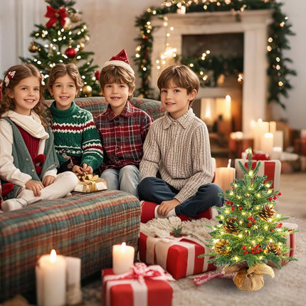 Tabletop Small Christmas Tree 22 Inch Mini Artificial Christmas Tree with 50 Warm White Lights (8 Modes), Include Pinecones and Red Berries,Mini Xmas Trees for Christmas Decorations Indoor Home Decor