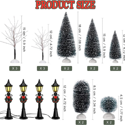 20 Pieces Mini Christmas Tree Snow Covered Branch Village Tree Artificial Christmas Village Displays Tree with Christmas Lamp Post Lantern for Christmas Winter House Holiday Decor