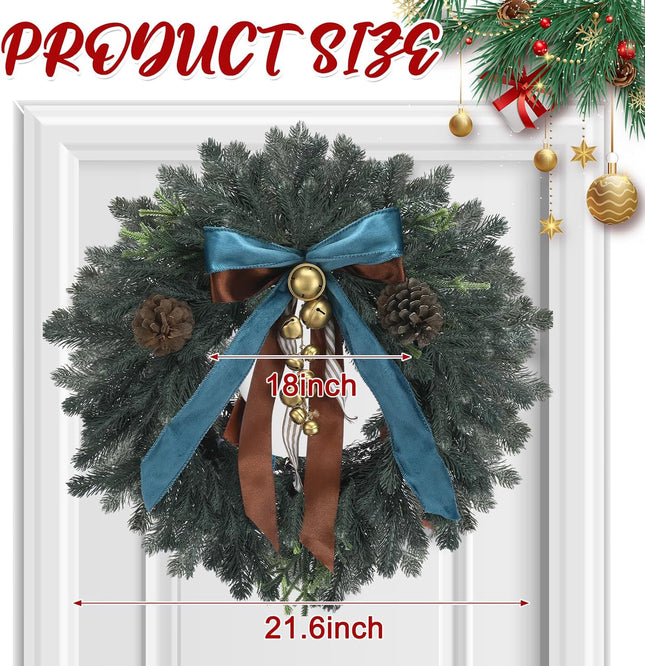 Christmas Norfolk Pine Wreath with Vintage Rustic Bell Velet Ribbon 21.6 Inch Cedar Wreath Pine Cones Artificial Greenery Real Touch Pine Wreath for Indoor Outdoor Wall Window Holiday Decor