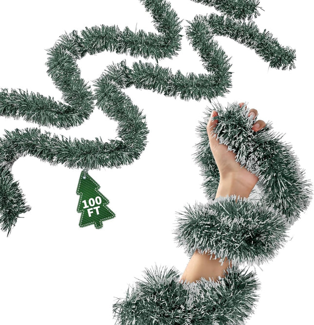 100Ft Christmas Garland - Xmas Tree Decorations, Christmas Tinsel Decorations for Indoor&Outdoor Home Decor, Christmas Metallic Twist Garland Ceiling Hanging Decorations for Year(Green)