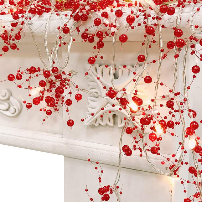 TURNMEON 10 Ft 30 LED Red Christmas Garland with Lights Timer Lighted Beaded Garland Christmas String Lights Battery Powered Xmas Garland Christmas Garland Decorations for Home Mantle Fireplace Table