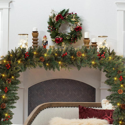9 FT Christmas Garland with Lights，Battery Operated Lighted Garland with Pine Cones Red Berries Lush Branches，50 Warm White LED Lights，Christmas Decorations Indoor/Outdoor