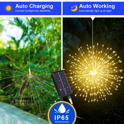Solar Christmas Lights 3 in 1, 600 LED Solar Firework Hanging Lights Outdoor with USB Rechargerable, 8 Modes Waterproof Solar Fairy Lights for Gazebo Yard Party Wedding Christmas Decorations