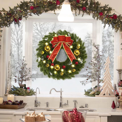 YoleShy 17 Inch Pre-lit Christmas Wreath with Hanger & Bow & Bells Battery Operated Christmas Wreath Christmas Decorations for Window, Front Door, Wall Decor, Fireplace