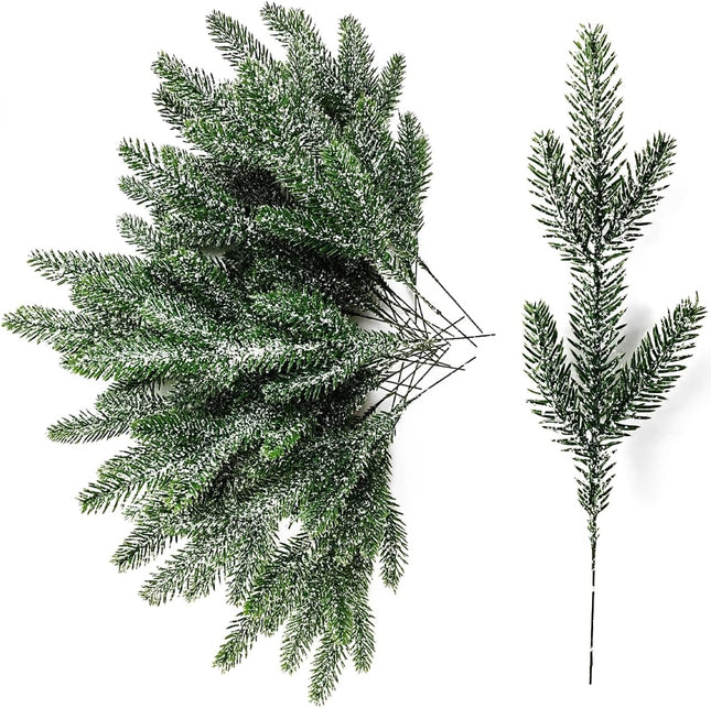 TIHOOD 13PCS 11.8” Snow Frosted Artificial Pine Branches Christmas Snowy Pine Needles Fake Greenery Pine Spray Picks for DIY Crafts Garland Wreath Xmas Embellishing Home Holiday Decoration