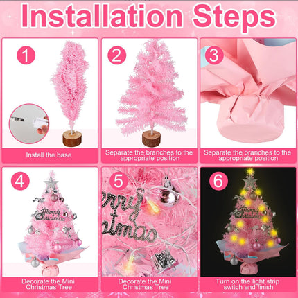 Pink Tabletop Christmas Tree with Lights, 24inch/2ft Mini Pink Christmas Tree, Pink Tabletop Christmas Tree with Star Treetop, Bow Boxes and Ball Ornaments for DIY Christmas Decoration