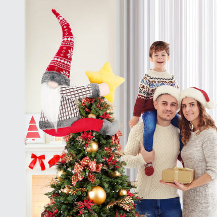 FIREOR Gnome Christmas Tree Topper Decorations , Handmade Large Plush Dwarf Ornaments with Star Red Plaid Hat Xmas Home Holiday Party Decor Scandinavian Swedish, Curtain Tie Wine Bottle Decoration