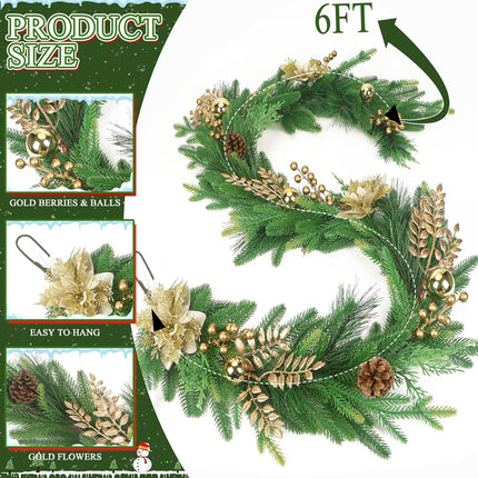 Norfolk Pine Garlands with Gold Flowers, 6Ft Artificial Christmas Pine Garland, Real Touch Greenery Garland for Table, Mantle, Staires, Premium Indoor/Outdoor Christmas Decorations.