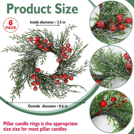 Christmas Candle Rings Wreath Artificial Candle Rings with Red Berry, Snowy Pine Garland Candle Ring Holder for Christmas Decorations Table Centerpiece (6 Pcs)