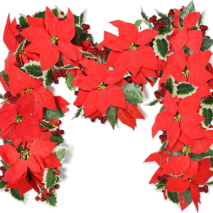 2Pcs Christmas Garland, 6.5Ft Artificial Red Flowers Poinsettia Garland with Berries and Holly Leaves for Christmas Holiday Indoor Outdoor Home Tables Centerpieces Decorations