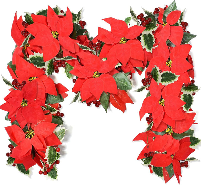 2Pcs Christmas Garland, 6.5Ft Artificial Red Flowers Poinsettia Garland with Berries and Holly Leaves for Christmas Holiday Indoor Outdoor Home Tables Centerpieces Decorations