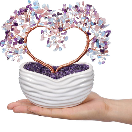 GEHECRST Healing Crystal Heart Tree Handmade Amethyst Rose Quartz Aquamarine Crystal Gemstone Money Tree Stone Tree Feng Shui Ornament for Home Office Desk Decor s for Mom Women Christmas