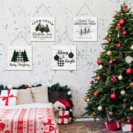 Gerrii 4 Pieces Christmas Wall Hanging Decor Merry Christmas Sign Christmas Trees Buffalo Plaid Truck Decor Wooden Farmhouse Hanging Plaque Xmas Wreath for Home Front Door Holiday Decor (Plaid Style)