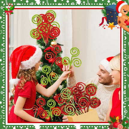 Kasyat 50 Pcs Red Green Christmas Tree Picks 12" Candy Shape Spiral Glitter Sticks Branches Xmas Curly Picks Artificial Stems Pick Ornaments for Tree Topper Craft Wreath Vase Filler Home Decor