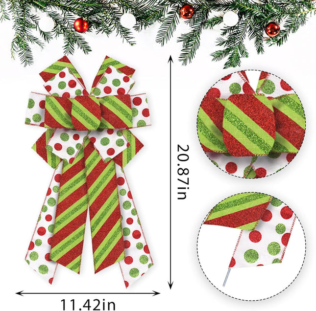ABTOLS Large Christmas Bows for Wreath, Red Green Glitter Dot Wreath Bows Christmas Red Green Stripe Bows for Front Door, Xmas Burlap Tree Topper Bows for Christmas Indoor Outdoor Decor