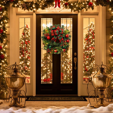 MUMTOP 20 Inch Pre-Lit Christmas Wreath for Front Door with Lights, Large Lighted Christmas Wreath with Red Bowknot for Fireplace Window Outdoor Holiday Home Decoration