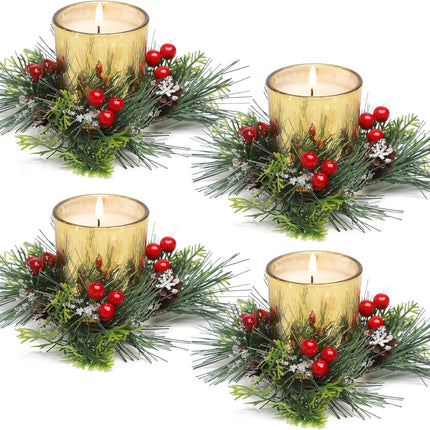 Christmas Candle Ring, 4 Pcs Votive Candle with Red Berry Pinecone, Xmas Ring Candle for Table Centerpiece Decoration Wedding Holiday,Gold