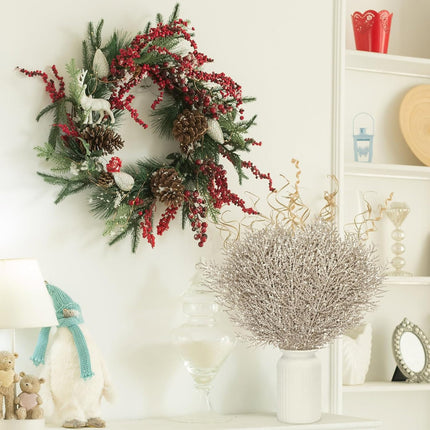 Giegxin 48 PC Christmas Glitter Artificial Pine Needles Pine Tree Twig Picks Branches for Wedding Tree Glittery Stem for Christmas DIY Wreath Garden Embellishing Garland Decoration(Champagne)