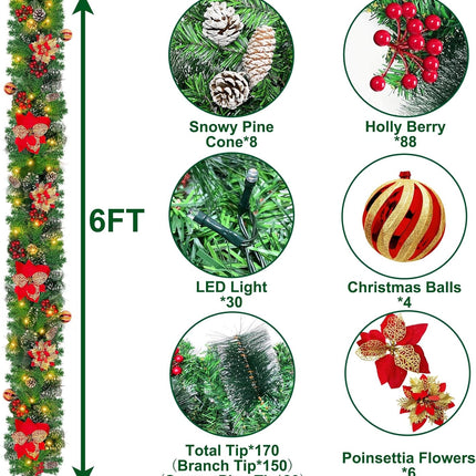 6 Ft by 10 Inch Prelit Christmas Garland with 30 Lights Timer 8 Modes 6 Poinsettia 4 Ball Ornaments 170 Branch Snowy Bristle 88 Red Berries 8 Pinecones Battery Operated Cedar Garland Home Indoor Decor