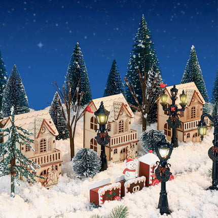 14 Pcs Christmas Accessories Village Figurine Miniature Pine Trees Snow Artificial Christmas Trees Bare Branch Trees Street Lights Lamps for Xmas DIY Crafts Winter Room Landscape (Vivid Style)
