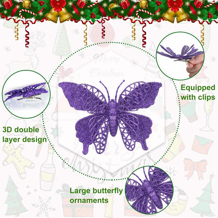 15 PCS Glitter Christmas Tree Butterfly Ornaments, Hollow Butterfly Christmas Decorations with Clips, Artificial Butterfly Ornaments Decoration for Christmas Tree, DIY Xmas Wreath Decor - Dark Purple