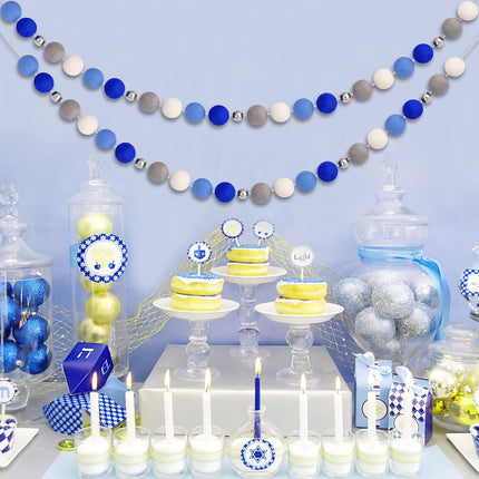 Hanukkah Pom Pom Garlands - Hanukkah Decorations - Chanukah Blue Dark Blue Grey Silver Bead White Felt Ball Garlands for Home Tree Mantle - Chanukah Jewish Party Indoor Outdoor Hanging Decor