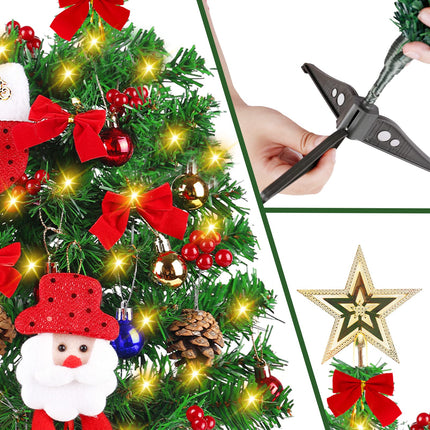 2 Ft Little Tabletop Christmas Trees Led Lights Artificial Pre-Lit Decoration And Ornaments Mini Xmas Decorated Topper Star Bow Miniature Snowman Indoor Small Desktop Potted Balls Battery Operated Set