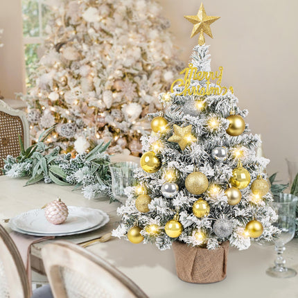 24 Inch Tabletop Mini Christmas Tree, Snow Flocked Prelit Artificial Small Christmas Tree with Lights, Star Treetopper and Hanging Ornaments for DIY Christmas Decorations for Home Party