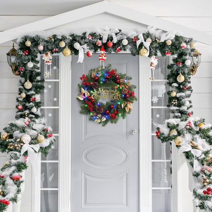 18 Inch Christmas Wreaths for Front Door, Lighted Outdoor Christmas Wreath with 40 LED Lights Timer Pine Cones for Window Fireplace Winter Xmas Decorations, Battery Operated