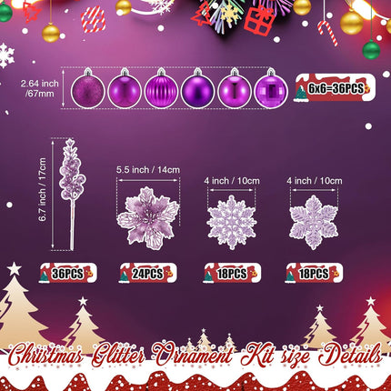 Ceenna 132 Pcs Christmas Tree Ornaments Set Glitter Poinsettia Flowers 2.36 inch Christmas Balls Snowflakes Decorations Artificial Berry Picks for Xmas Tree Wreath, Hooks Included (Purple,Lovely)