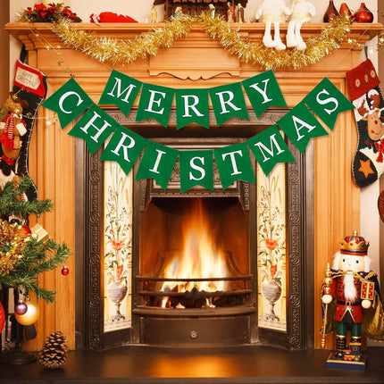 Whaline Christmas Burlap Banner Canvas Merry Christmas Green Banner Bunting Garland Pre-Assembled Hanging Xmas Decorations for Christmas Party Supplies Home Fireplace Wall