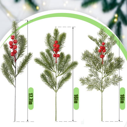 Ceenna 34 Pcs 16 Inch Christmas Red Berry Picks Artificial Pine Needle Branches Christmas Evergreen Wreath Greenery Stems Holly Berry Branches Xmas Winter Berries Spray for Floral Arrangement Crafts