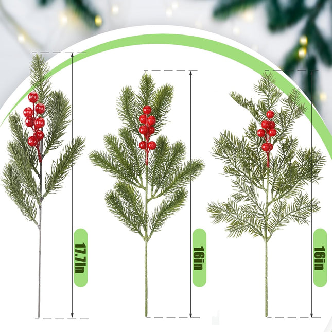 Ceenna 34 Pcs 16 Inch Christmas Red Berry Picks Artificial Pine Needle Branches Christmas Evergreen Wreath Greenery Stems Holly Berry Branches Xmas Winter Berries Spray for Floral Arrangement Crafts
