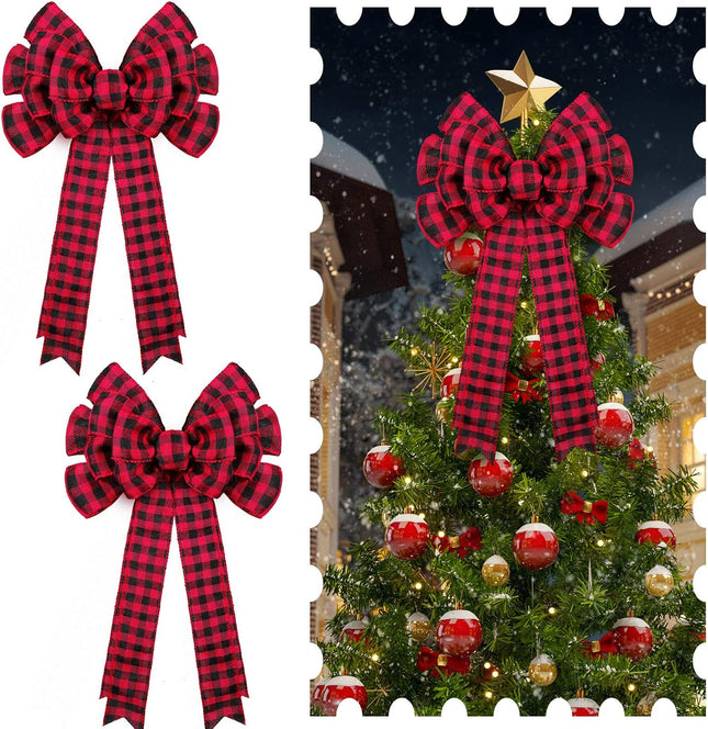 Chuangdi 4 Pieces Christmas Buffalo Plaid Bows 19.3x10 Inches Red Black Large Plaid Christmas Wreath Bows Xmas Buffalo Check Bows Ornaments for Christmas Tree Indoor Outdoor Decorations