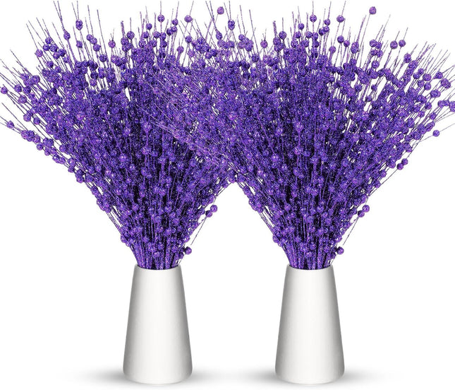 Geosar 30 Pcs Christmas Artificial Glitter Berry Stem Decorations Bead Sticks Pick 17 Inch Xmas Ornaments Glittery Twigs for Christmas Tree Halloween Wreath Vase Filler Home Decor(Purple)