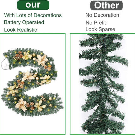 6ft Gold Christmas Garland with 30 Clear Lights, Spruce, Ribbon Bows, Pine Cones, Berries, Ball Ornaments, Poinsettia, Home Holiday Seasonal Christmas Decoration Outdoor/Indoor