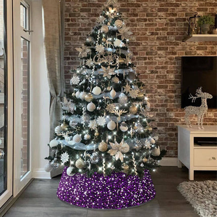 FOTSHARER Christmas Tree Collar Purple 23.6 Inch Sequin Tree Skirt Halloween for Shimmer Glitter Tree Collar Small Xmas Tree Ring Velvet Tree Collar for Pencil Tree Christmas Tree Base Cover Decor